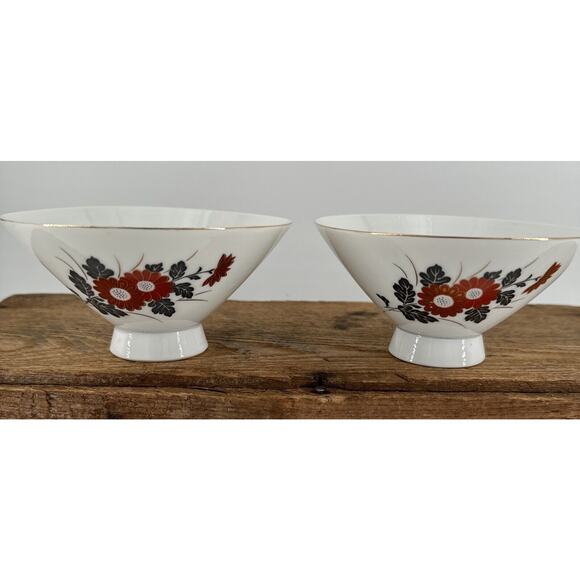 Rice Bowls Set of 4 Japanese Porcelain Vintage Red Poppy Floral Gold Trim - Picture 2 of 12